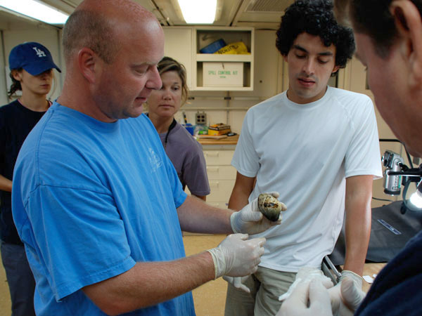 Dr. Tim Shank discusses a seafloor specimen with other members of the science party.
