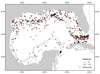 Map of octocorals collected in the Gulf of Mexico since the 19th century.