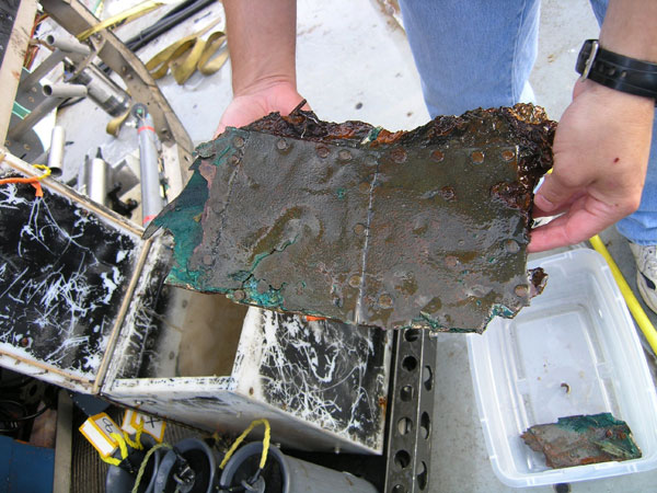Copper from the transom will help define the age of the vessel. 