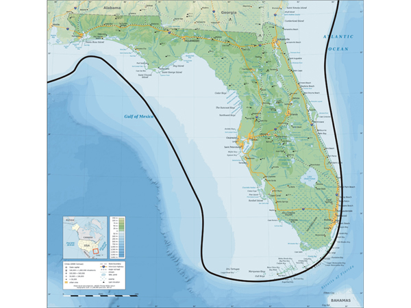 A modern map of Florida with a dark line showing the approximate location of the Last Glacial Maximum (LGM) coastline. 