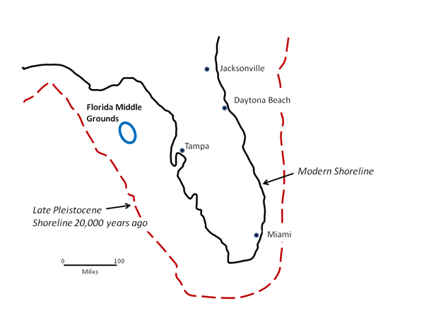 During the Late Pleistocene Florida's shoreline extended much farther offshore than the present coast. The Florida Middle Grounds were part of the exposed coastal margin.