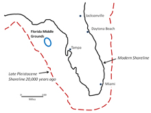 A simplified version of the above map. During the Late Pleistocene Florida's shoreline extended much farther offshore than the present coast. The Florida Middle Grounds were part of the exposed coastal margin.