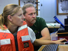 Jessi Halligan and Dr. Thomas Loebel run computers, while the crew deploys the towfish.