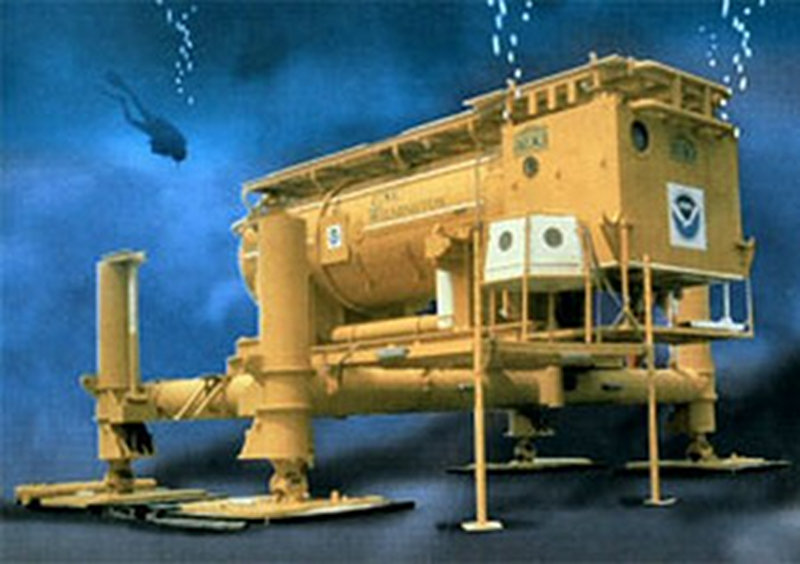 The Aquarius underwater research station is positioned at the base of a coral reef in the Florida Keys National Marine Sanctuary. It is about 18 meters (60 feet) below the surface.
