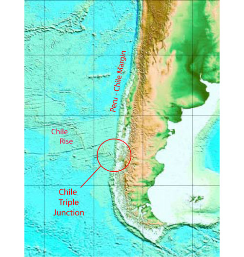 Figure 1. This map of the Southeast Pacific Ocean and South American continent shows the Chile Rise spreading center, the Peru-Chile margin, and the location of the Chile triple junction.