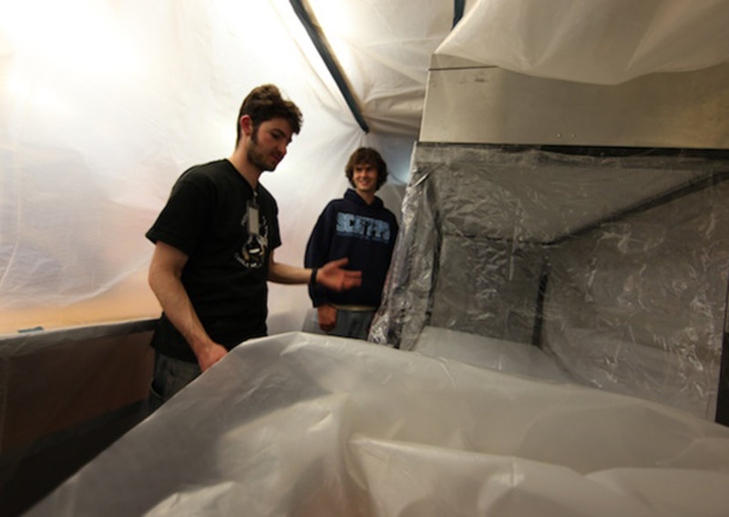 Graduate students Danny Richter (left) and Ben Grupe in the 'bubble.'