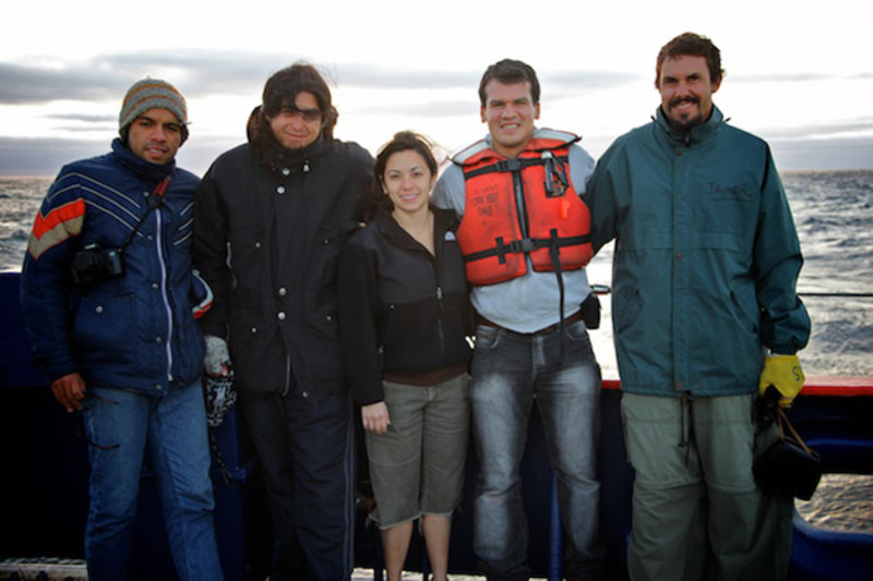 Some members of the sediment team (left to right): Fernando Gajardo Rojas, Francisco Valdés Robledo, Stephanie Mendes, Ives Melville, and Javier Sellanes.