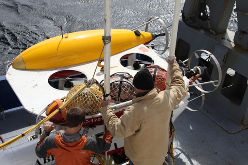 Figure 3. Members of the Woods Hole Oceanographic Institution's autonomous benthic explorer (ABE) crew prepare ABE for deployment.