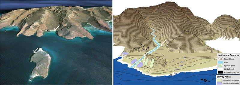 Left image shows landscape of Ballena Bay on Isla Espiritu Santo as it looks today. Right image shows paleolandscape model of the same bay as it may have looked 12,000 years ago, with sea level 55 meters lower than current sea level.