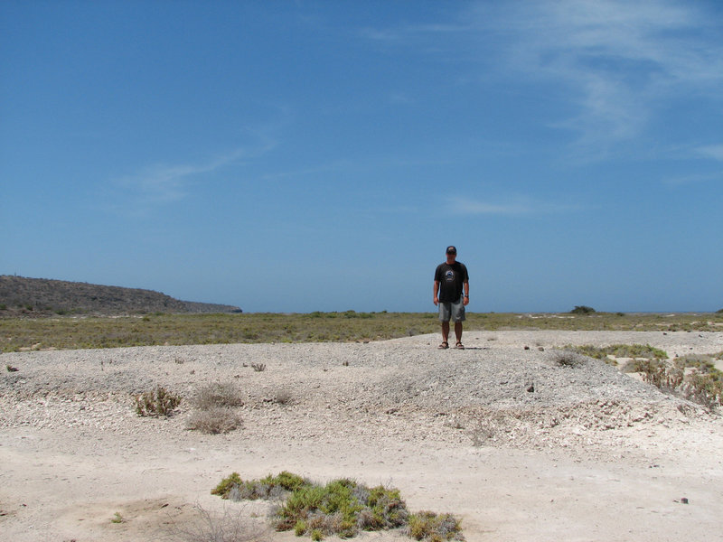 Loren Davis stands on top of an exposed relict coral reef dating to the last interglacial (~125,000 BP) on Isla Espiritu Santo.
