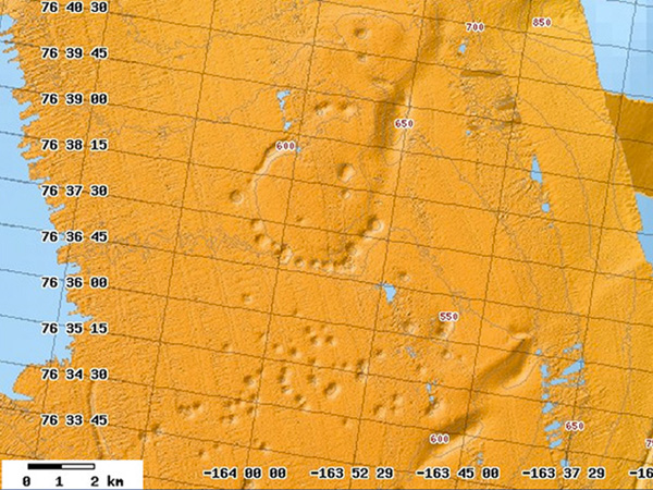 Although Steve likes to call this an alien landing site, the pockmarks are probably the result of hydrocarbon seeps on the seafloor. This image is from the Chukchi Plateau, about 130 km east of the U.S.-Russia border. (Data collected during previous Healy missions HLY0302, HLY0703, and HLY0905)