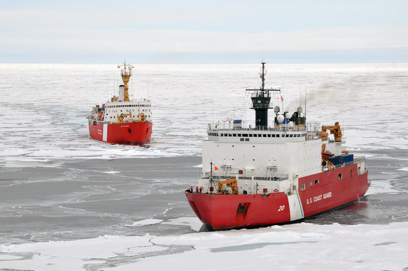 U.S. Coast Guard Cutter Healy (in the foreground) and Canadian Coast Guard Cutter Louis S. St. Laurent work together to map areas of the seafloor and to image underlying sediment layers in the Arctic. In 2010, the United States and Canada conducted a joint expedition in the Arctic to map and discover the full extent of the region’s extended continental shelf. This was the sixth in a series of U.S. expeditions to the Arctic Ocean and the third in which U.S. and Canadian scientists worked together on this mission.