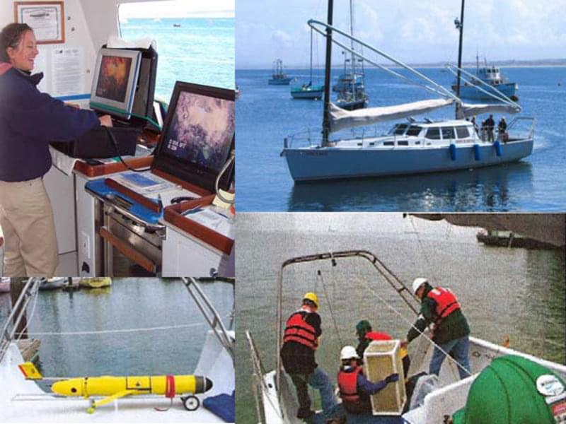 Derek M. Baylis images clockwise from upper left: ROV monitoring in the pilothouse/science workspace; Derek M. Baylis general view; Deploying gear from the open transom stern and A-frame; WHOI glider under the A-frame.
