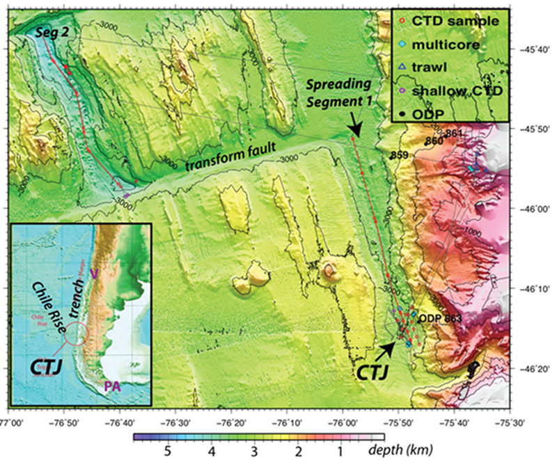 Study area, tracks and symbols show INSPIRE 2010 work. The cruise will start in Punta Arenas (PA) and spend several days at Chile Triple Junction (CTJ) and a nearby slope seep site ( ~45°55’S).