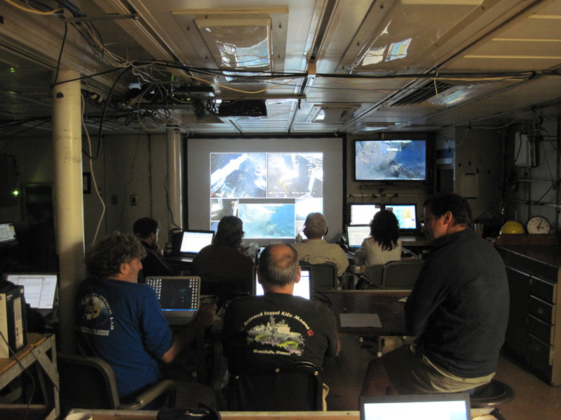 Scientists watch video in real time sent from Quest 4000 to the Video Viewing Lab on the R/V Roger Revelle.