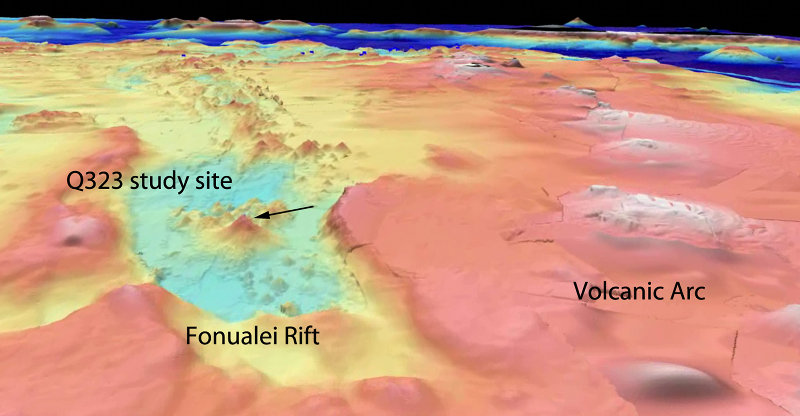 Satellite altimetry and multibeam sonar image of Fonualei Rift and dive site.