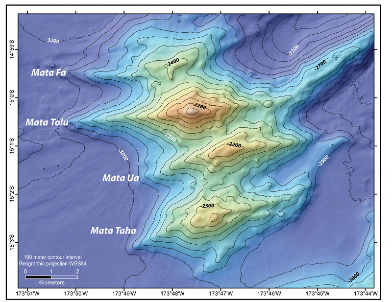 Map of four of the seven N. Mata Volcanoes. Mata Ua, location of our dive is noted. This dive will be the deepest dive to date of the expedition, beginning at about 2,300 m depth.