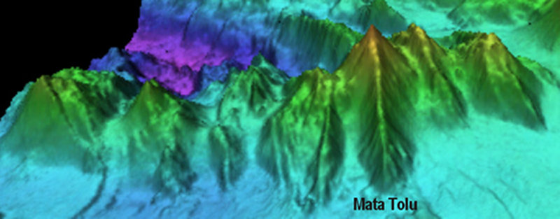 Side view of the N. Mata volcanoes at 2x vertical resolution. Mata Tolu is the third from the right.