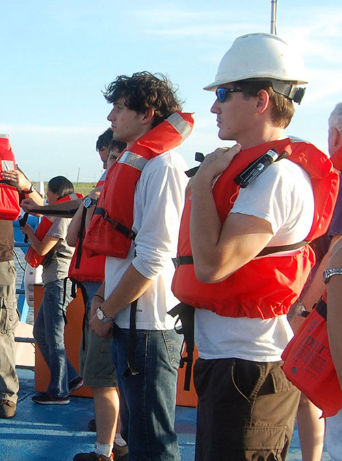 The science party and ship crew don their life vests during an abandon ship drill.