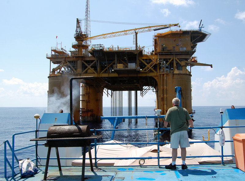Greg takes stock of the Joliet platform, prior to the launch of the remotely operated vehicle.