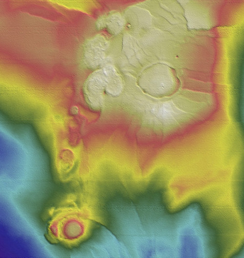 Sample bathymetry data mapping the features of the seafloor. Warmer colors indicate shallower regions.
