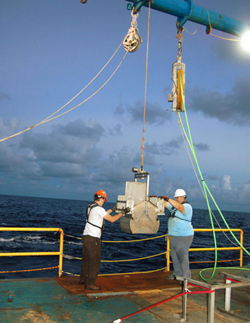 Adam and Miles prepare to launch the box core at the site.