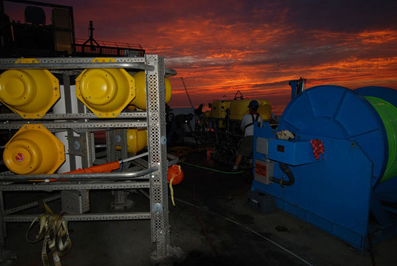 We ended many days with beautiful sunsets. The UNCW lander on the left will be deployed during Leg 2 of this expedition.