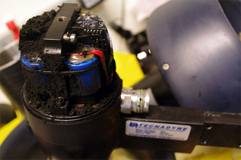 One of the ROV's thruster motors, burned and melted when the catshark wedged itself in the propeller blades.
