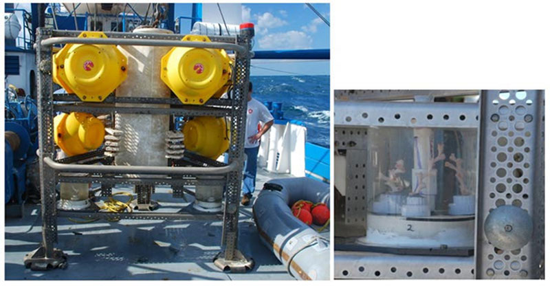A University of North Carolina-Wilmington lander after one year on the bottom in 400 meters (left). The white tube in the center is the programmable 12-sample sediment trap. Yellow plastic spheres are protective cases for the glass floatation balls. The red topped item on the top of the right leg is a current meter; other instruments are hidden. Two sets of settling plate experiments can be seen in the center to either side of the sediment trap and two live coral experiment chambers are in each corner of the lower platform, close-up of one chamber to the right shows living Lophelia corals.
