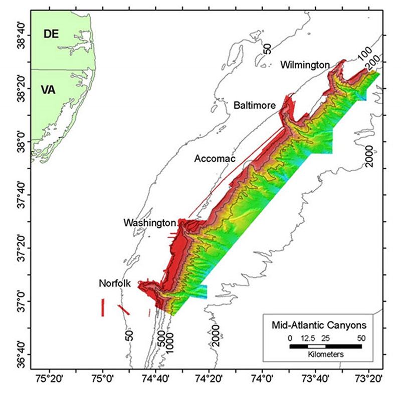 This map shows major middle Atlantic canyons; the emphasis of this study is on Norfolk and Baltimore Canyons. Multibeam sonar data are represented by color shaded areas.