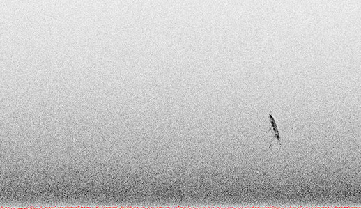 This is the first image of site 15577 when the shipwreck was discovered during a side-scan sonar survey of the Monterrey lease block in October 2011. The acoustic sonar image defined a tightly contained site with a sharp hull-formed outline measuring roughly 84 feet long and 26 feet wide. Image courtesy Shell Oil Company.
