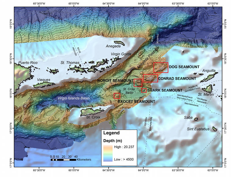 Areas to be explored during the Seamounts of Anegada Passage 2014 in the Caribbean outlined in red.