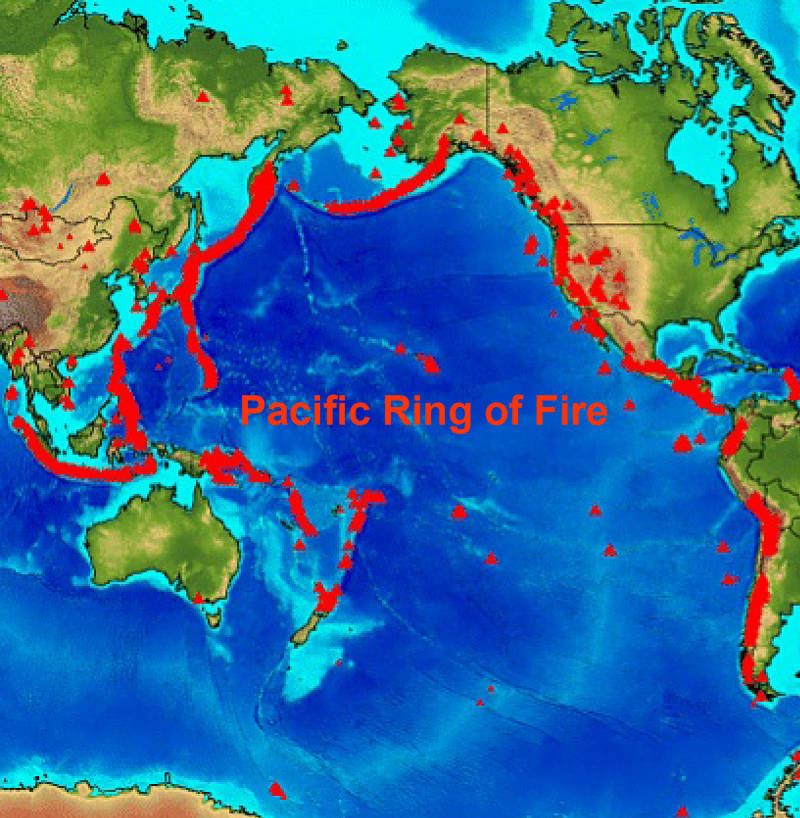 Map of the all the volcanoes around the Pacific (red triangles) making up the Ring of Fire.
