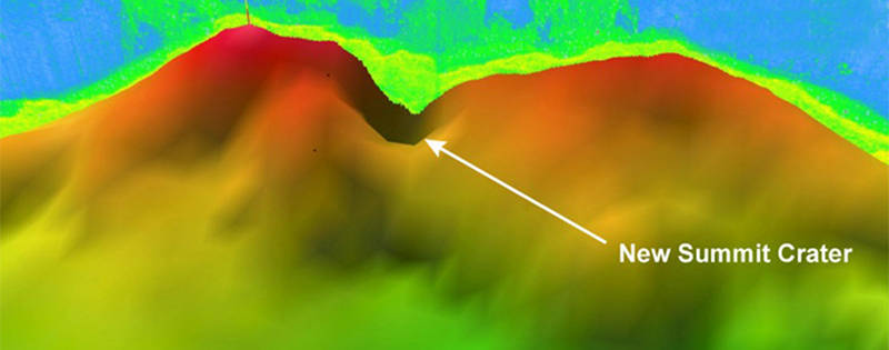 Three-dimensional image of the summit of Ahyi submarine volcano with the midwater data shown rising from the new crater created by the April 2014 eruption.