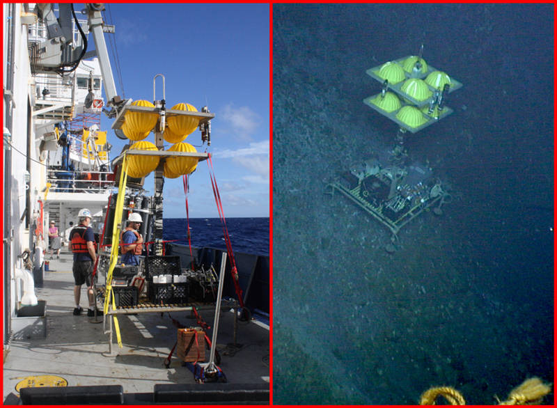 The elevator mooring is ready for deployment on the deck of the ship (left), and then is located on the bottom by Jason (right) so that it can transport equipment and samples to the seafloor and back.