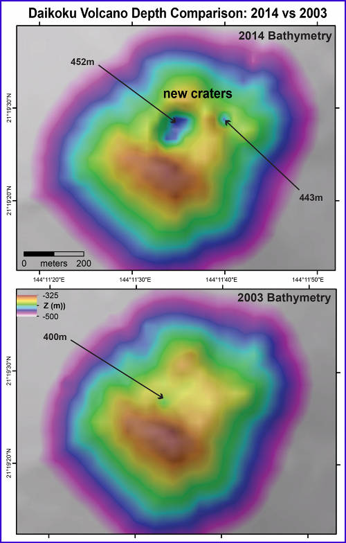 Bathymetric comparison of data collected at Daikoku summit on this 2014 expedition (top) and in 2003 (bottom). A large crater formed at the summit, and it was confirmed to be hydrothermally (and possibly volcanically) active by the CTD tow and midwater data collected on this expedition.