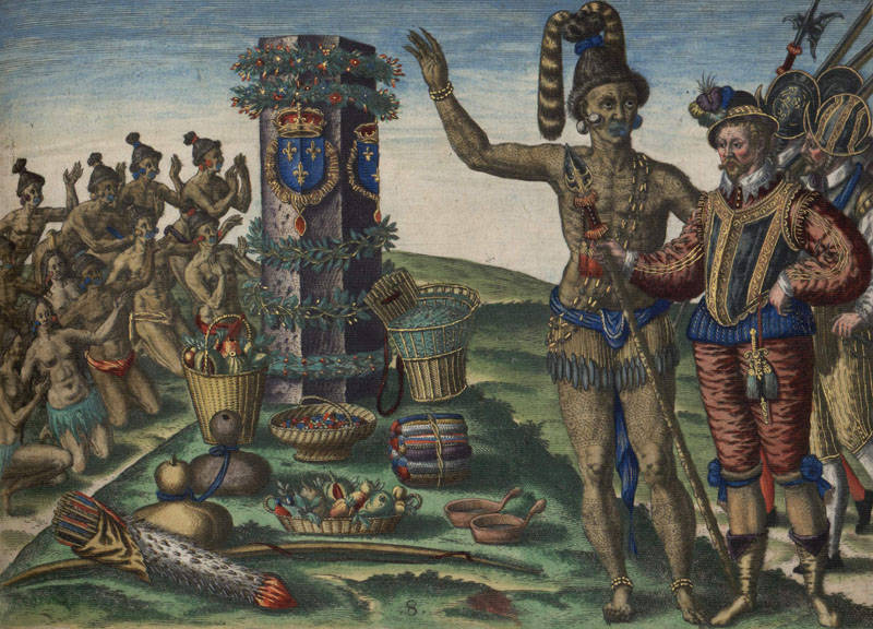 The Timucuan chief welcomes Laudonnière in 1564, showing how his people revere the stone column erected in 1562 by the French at the River of May. This image is one of the Theodore de Bry engravings, from artwork by Jacques Le Moyne, who was with the 1564 expedition.