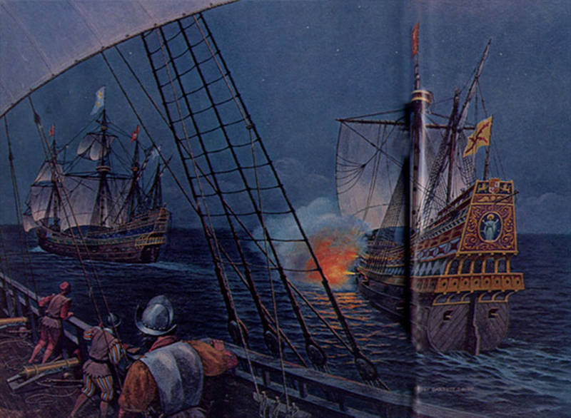 The Spanish and French fleets encountered each other off the River of May, and exchanged words, threats, and cannon fire. The French fleet cut their anchor lines to make their escape. When Menéndez saw that Ribault’s troops were already disembarked, he retreated to the next inlet to the south to fortify a defensive position.