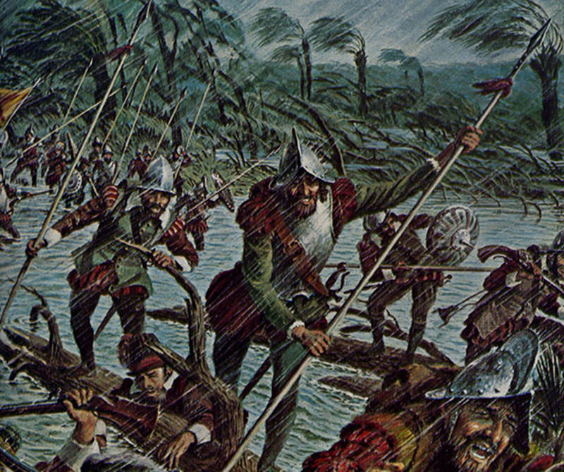 Menéndez's men braved the storm, marching “more than 15 leagues, more or less, all of it through marshes and desolate places,” sacking Fort Caroline in a surprise attack at dawn on 20 September 1565.