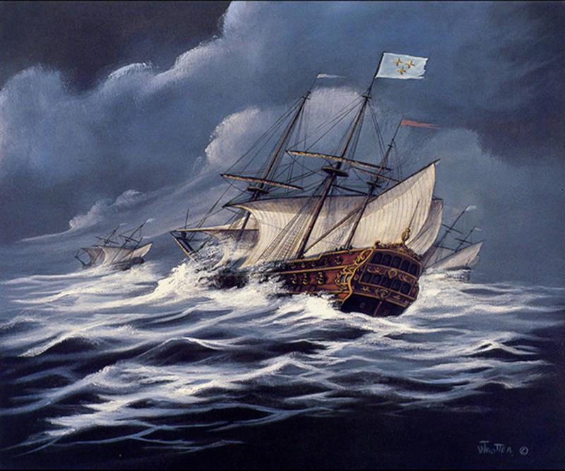 Ribault’s fleet was driven south by the relentless winds of the storm. Despite desperate attempts to claw their way into deeper waters, all were shipwrecked. Painting of La Trinité by and courtesy of William Trotter.