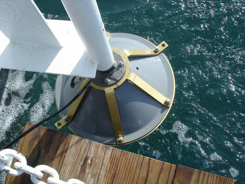 The subbottom profiler instrument shown in its bracket on the R/V Roper in the retracted position.