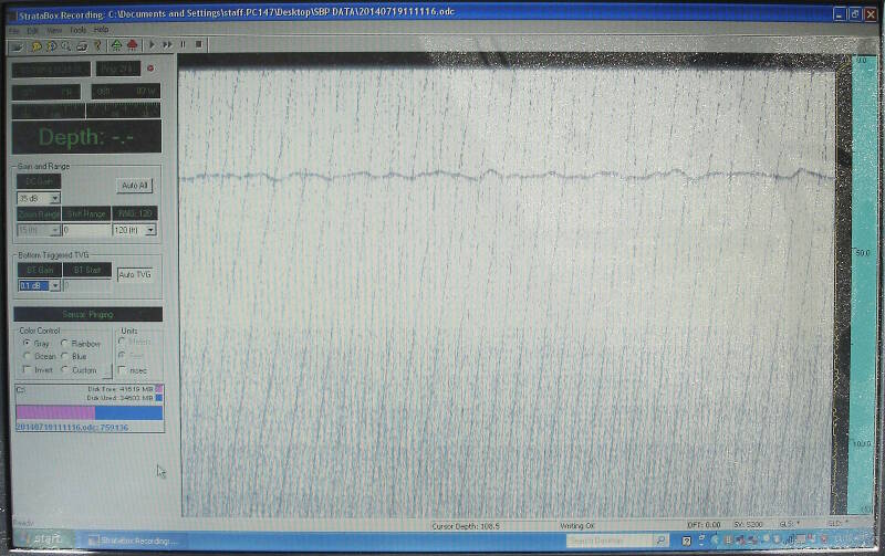 A view of the subbottom profiler laptop screen as it is collecting data today.