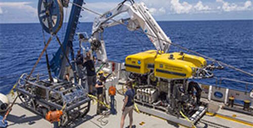 The ROV team Hercules and Argus on deck getting ready to start exploring for their second dive of the season!