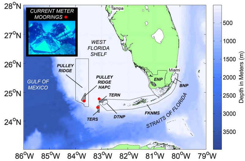 Figure 1. The locations of the three NOAA-funded, bottom-mounted physical oceanography moorings are shown with red dots at Pulley Ridge and in the Dry Tortugas. Each mooring contains an acoustic Doppler current profiler (or ADCP) and a temperature/salinity recorder. Project divers service these moorings annually to recover data, clean the sensors, and replace instrument batteries (inset). The numerous marine protected areas located across the region are also indicated.