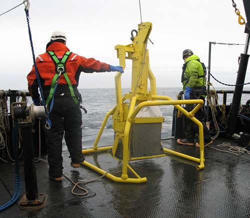 Box corers are used to collect sediment samples from the seafloor.