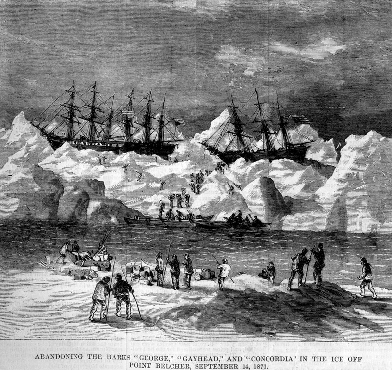 Abandonment of the whalers in the Arctic Ocean, September 1871, including the George, Gayhead, and Concordia.