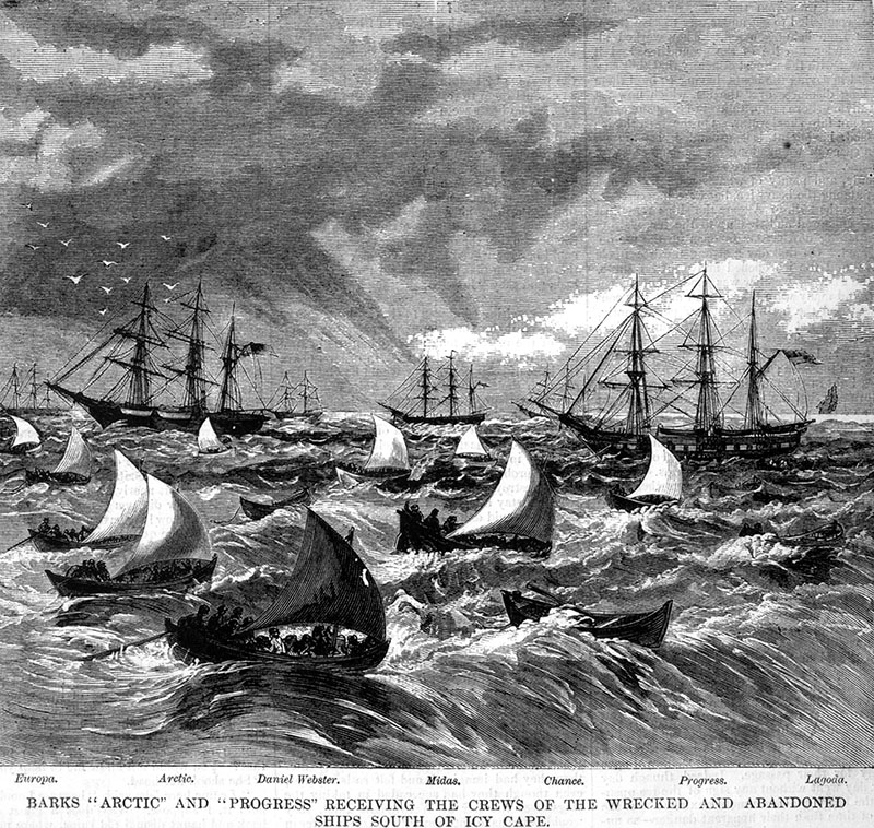 Barks 'Arctic' and 'Progress' receiving the crews of the wrecked and abandoned ships south of icy cape.