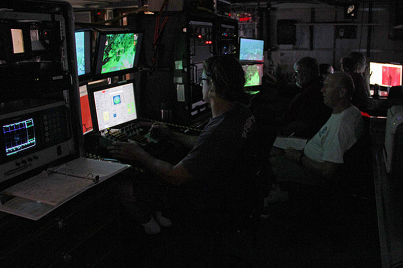 The remotely operated vehicle lab during a dive. Jason White of the University of North Carolina at Wilmington’s Undersea Vehicles Program is at the pilot’s controls.
