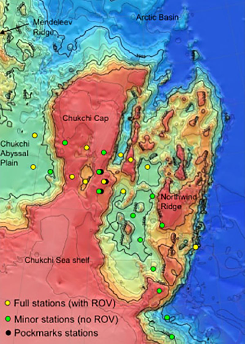 Bathymetry of Chukchi Borderlands with tentative stations positions.