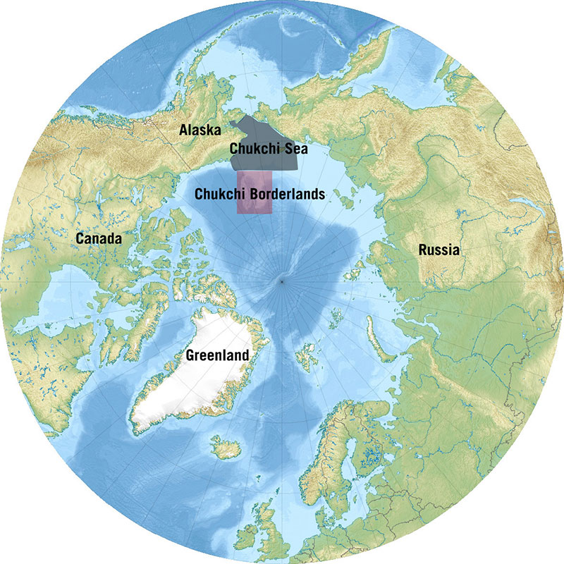 This map of the Arctic Ocean highlights both the Chukchi Sea and the study region for this expedition, the Chukchi Borderlands.